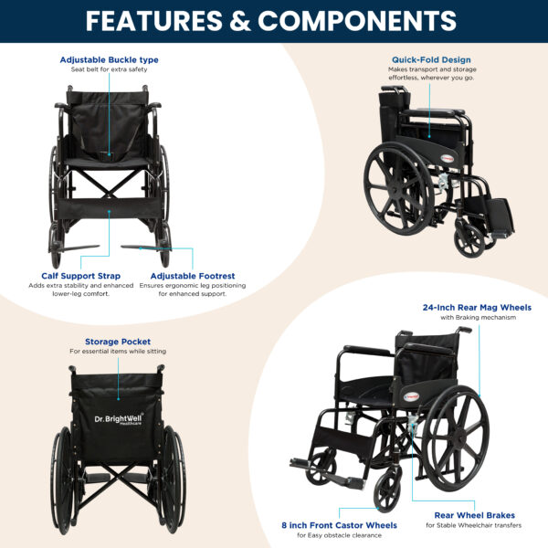 Dr.Brightwell Comfort Wheelchair – Lightweight, Foldable, Portable, 120kg Capacity - Image 7
