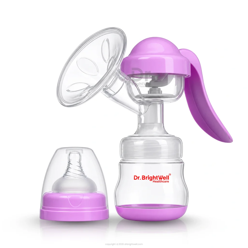 Dr.Brightwell Manual Breast Pump with ergonomic one-hand handle and 150ml milk collection bottle