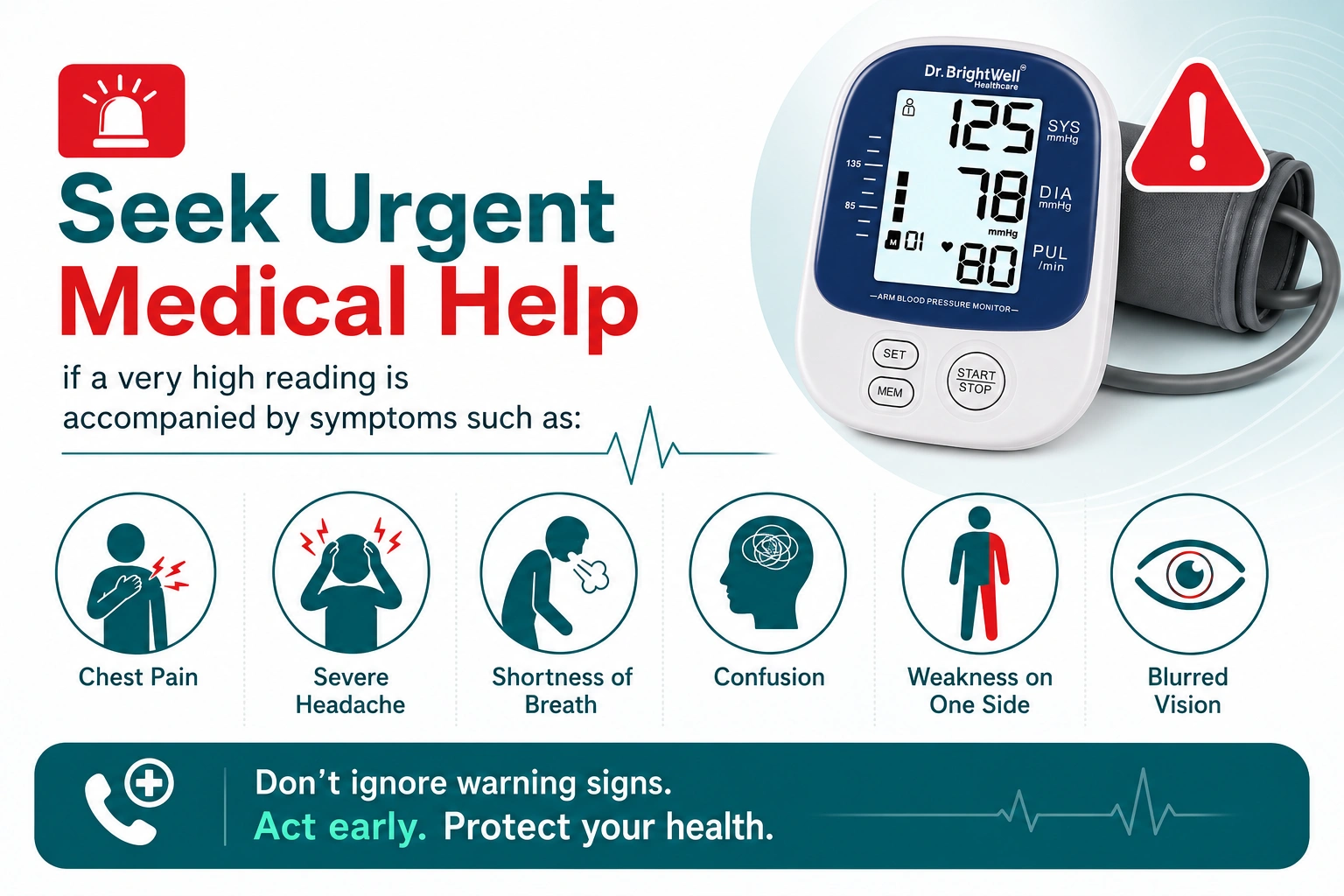 Seek medical help if BP readings are high with symptoms like chest pain, severe headache, shortness of breath, confusion, weakness on one side, blurred vision