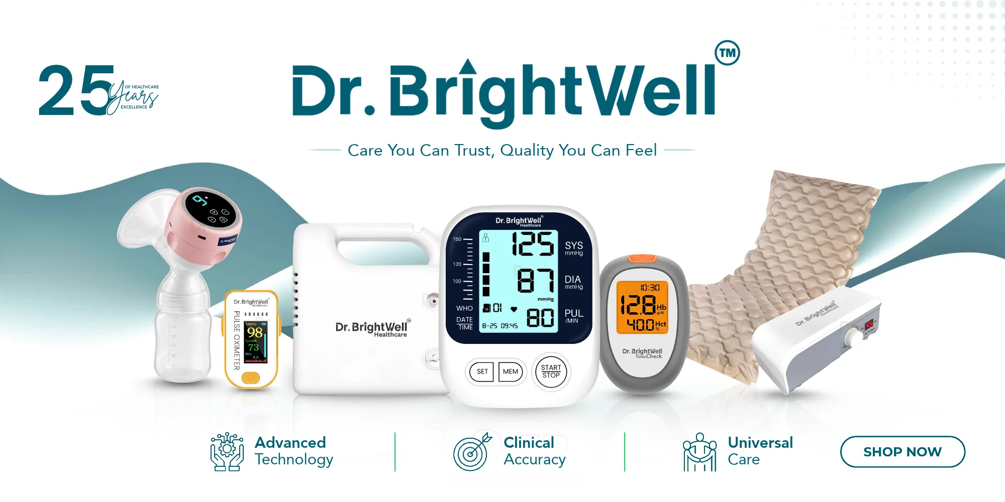 Dr. BrightWell home healthcare product range featuring blood pressure monitor, pulse oximeter, hemoglobin meter, breast pump and air mattress – trusted medical devices for accurate home monitoring and patient care